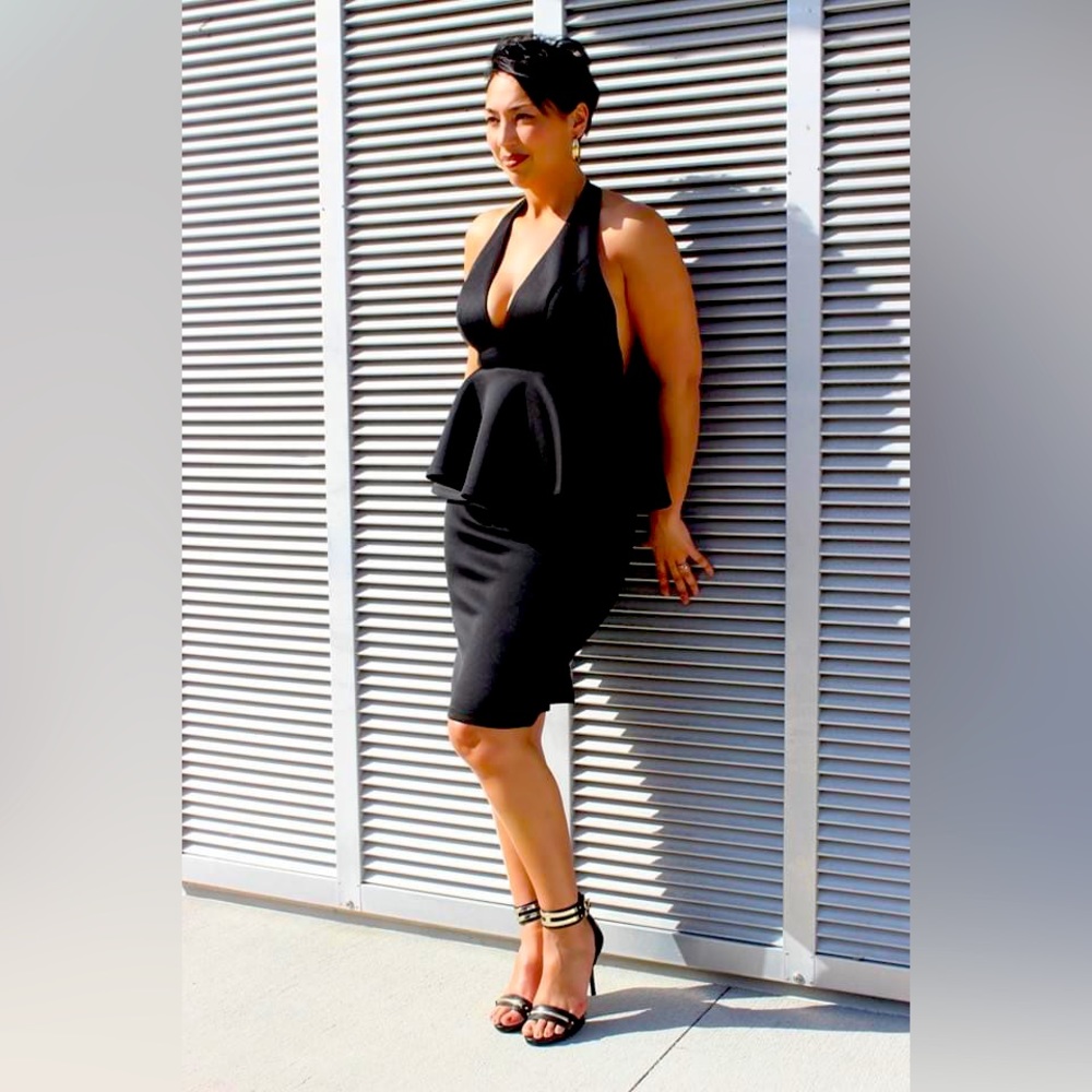 Peplum black V neck Bandage dress